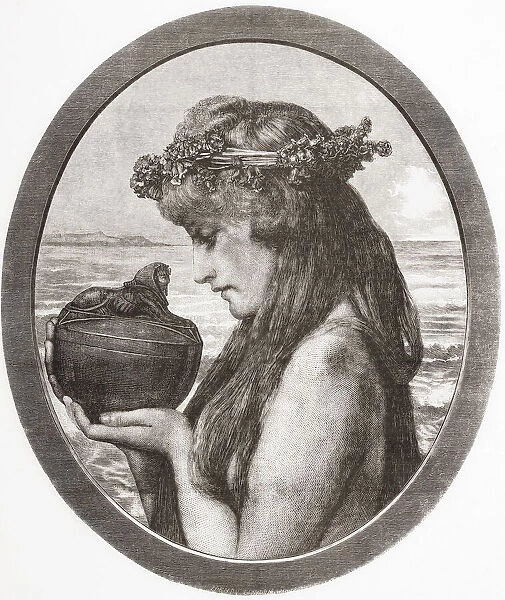 Pandora. In Greek mythology Pandora opened a jar thereby releasing all the evils of humanity. From Ilustracion Artistica, published 1887