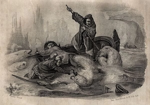 Polar Bear Hunting. 19Th Century Lithograph After Biard By Em. Baerentzen & Co. From The Book Figaro. Journal Of Literature, Art And Music By Georg Garstensen. Published 1841