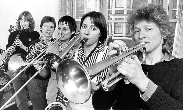 The all woman band Burning Brass on February 2, 1982. Left to right: Judy Cowgill