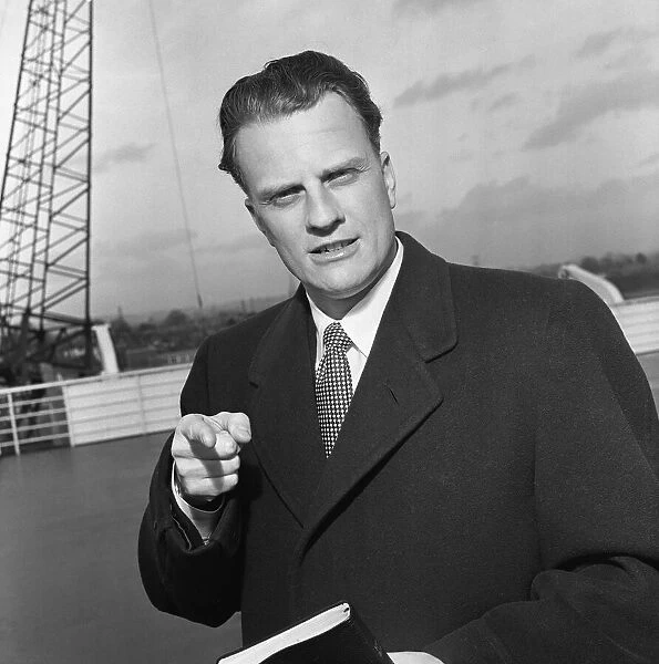 American evangelist Billy Graham pictured upon arrival at Southampton to begin his three