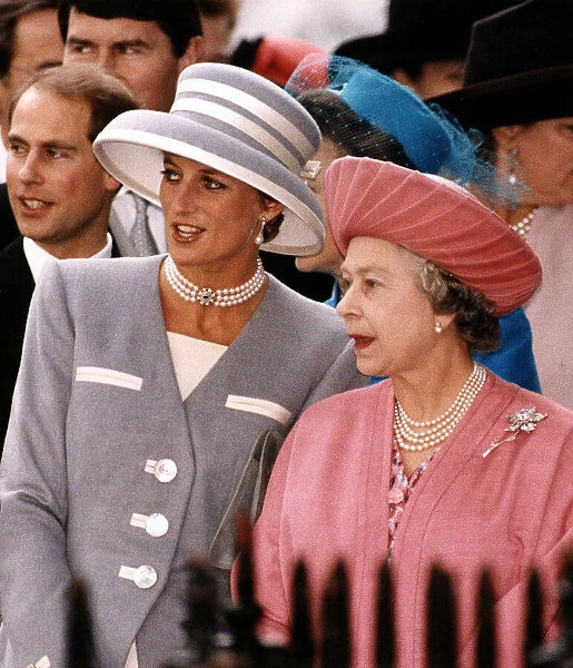 Princess Diana and Her Majesty Queen Elizabeth II attend the wedding of Viscount Linley