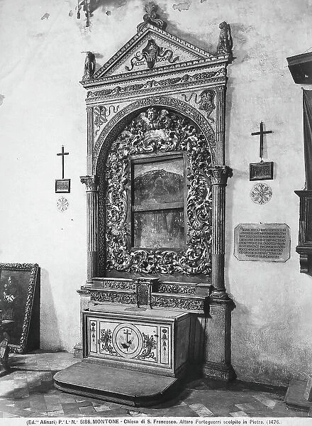 Stone altar erected by Carlo Fortebraccio, in the church of San Francesco in Montone. Inside, the fresco with Saint Anthony from Padua between John the Baptist and the archangel Raphael, work by Bartolomeo Caporali