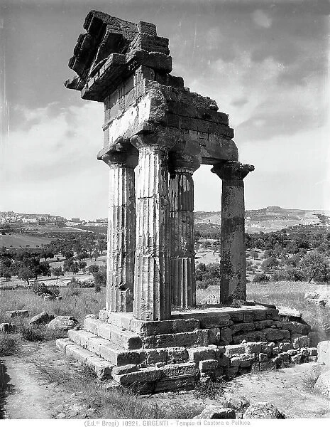 View of the remaining four columns with trabeation of the Temple of Castor and Pollux in the Valley of Temples in Agrigento