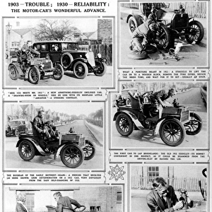 1903-Trouble; 1930-Reliability: The Motor cars wonderful ad