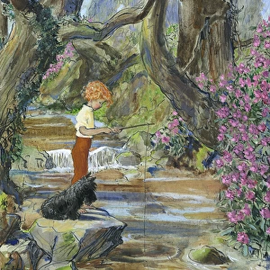 Boy fishing in stream by Muriel Dawson