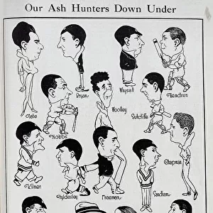 Caricatures of players from the English cricket team, by Kerwin Maegraith. Including Tate, Bryan, Whysall, Hendren, Hobbs, Woolley, Sutcliffe, Kilner, Tyldesley, Freeman, Sandham, Chapman, Strudwick, Douglas, Hearne, Howell, manager Mr Toone