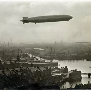 Graf Zeppelin flying over the Port of Hamburg, Germany