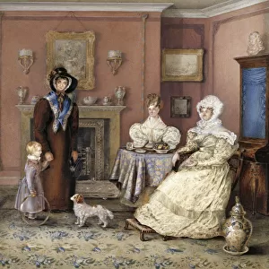Group portrait of three women and a child in a domestic inte