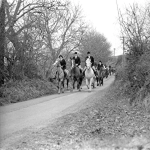 Hunt members and horses on a country lane
