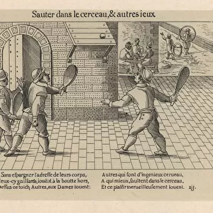 Medieval men playing wall tennis, checkers and hoops