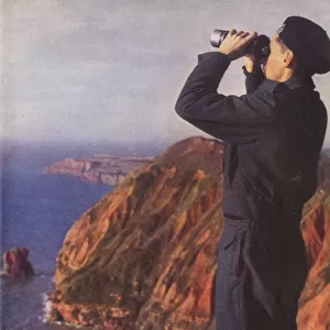 Member of the Royal Observer Corps on the cliffs of England