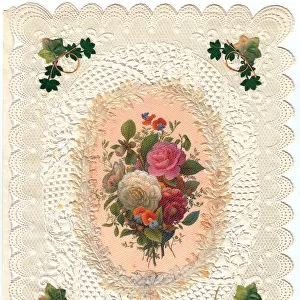 Roses and ivy on a greetings card with lacy white border
