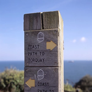 Signpost on coastal footpath near Torquay, Devon