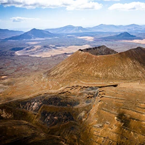 Aerial view of majestic Gairia Volcano, natural landmark of Fuerteventura, Canary Islands, Spain, Atlantic, Europe