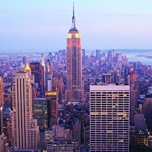 Empire State Building and Manhattan cityscape at dusk, New York City, New York