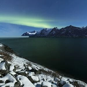 Northern Lights and stars over Senjahopen peak surrounded by the frozen sea, Senja