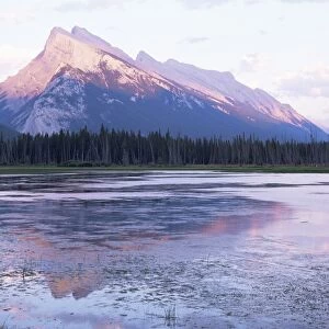 View across Vermilion Lakes to Mount Rundle, at sunset, Banff National Park