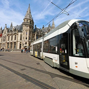 Tram in the Gent Korenmarkt, Ghent, Belgium