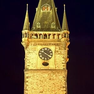 Czech Republic, Prague; The Astronomical Clock lit up at Staromestke Namesti