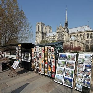 The famous cathedral of Notre Dame in Paris with the Bouquinistes in the foreground