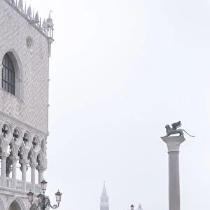 Foggy morning in Piazza San Marco with the San Giorgio Church appearing in the background