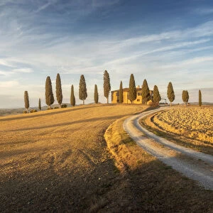 A lonely countryhouse just outside Pienza in Val d Orcia takes the last light of the day. Tuscany, Italy