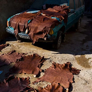 Marrakech, Morocco. Drying leathers on the street