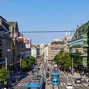 Trams at Hamngatan Street, elevated view, Stockholm, Stockholm County, Sweden