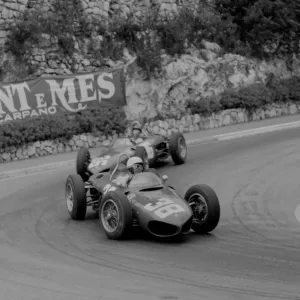 Ferrari 156 Sharknose, Phil Hill leads Richie Ginther through hairpin, 1961 Monaco Ferrari 156 Sharknose, Phil Hill leads Richie Ginther through hairpin, 1961 Monaco