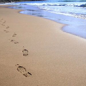 North America, Canada, Nova Scotia, footprints in the sand near the Cabot Trail