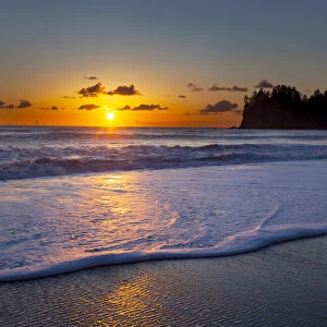 USA, Washington State. A wave rolls up the beach at sunset at La Push on the Olympic