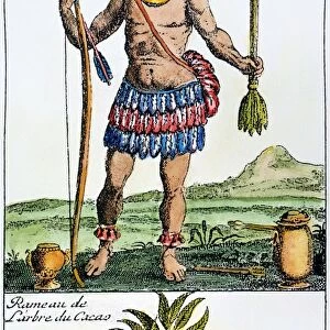 AZTEC: CHOCOLATE, 1685. An Aztec with his chocolate. Line engraving from a French history of chocolate, tea, and coffee published in 1685