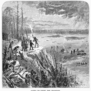 CANADA: NATIVE AMERICAN WAR. Hurons gathering to fight the Iroquois in the colony of New France during the 17th century. Wood engraving, 19th century