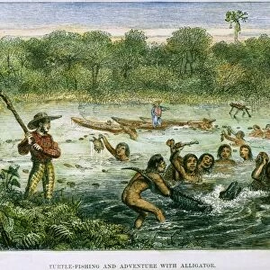 HENRY WALTER BATES (1825-1892). At left, holding a club watching Amazonian native Indians capturing turtles and a cayman. Wood engraving from Bates The Naturalist on the River Amazons, 1863
