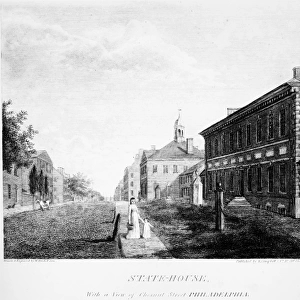 INDEPENDENCE HALL, 1798. State House (Independence Hall), with a view of Chestnut Street, Philadelphia, Pennsylvania. Line engraving, 1798, by William Birch & Son