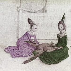 TWO LADIES, 15th CENTURY. Two ladies examine a dead game bird