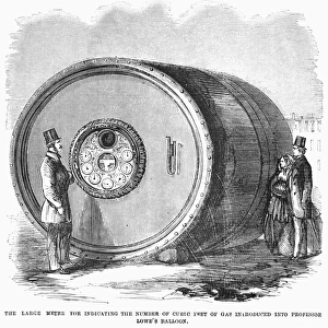 The large meter to measure the amount of gas used to inflated Thaddeus S. C. Lowes hot air balloon. American engraving, 1859