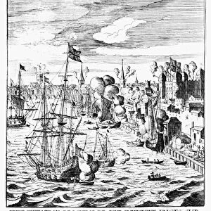 LONDON: ROYAL VISIT, 1638. Gun salute for Marie de Medici, Queen Mother of France, on her arrival in London to visit her daughter, Henrietta Maria, consort of King Charles I of England, in 1638. Contemporary French line engraving