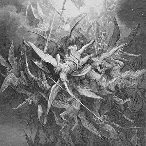 MILTON: PARADISE LOST. Satan and his rebellious angels are cast out of Heaven (Book I, lines 44-45). Wood engraving after Gustave Dor