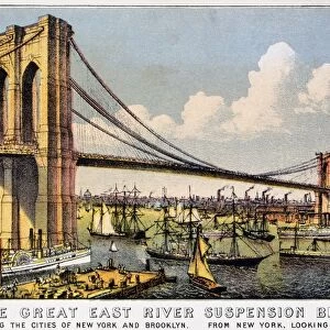 NEW YORK: BROOKLYN BRIDGE. The Great East River Suspension Bridge. View of the Brooklyn Bridge connecting Manhattan and Brooklyn. Lithograph by Currier & Ives, 1883