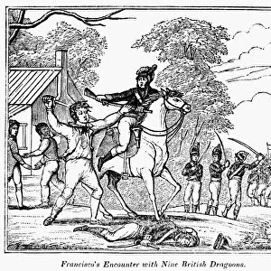 PETER FRANCISCO (c1760-1831). American military hero. Francisco fighting Sir Banastre Tarletons British cavalry, Amelia County, Virginia, 1781. Wood engraving, 1856, after David Edwin