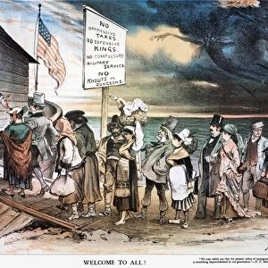 PRO-IMMIGRATION CARTOON. Welcome to All! An 1880 American cartoon by Joseph Keppler in favor of unrestricted immigration