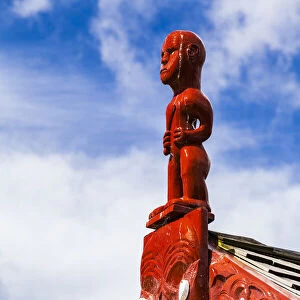 A wooden Maori carving at the Waitangi Treaty Grounds, Paihai in Northland, New Zealand
