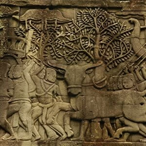 Detail of Bas-Relief Sculpture on Bayon Temple at Angkor Thom