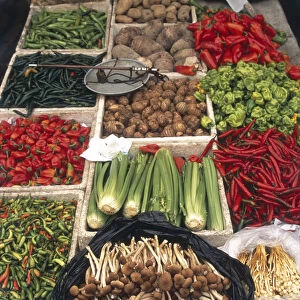 China, assorted fresh vegetables on display in a market stall