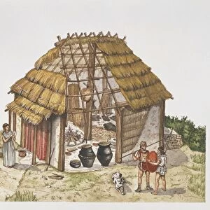 Cutaway drawing representing reconstruction of dwelling hut, 7th century BC, Roman civilization, Italy