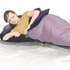 Digital illustration of woman zipping herself inside lightweight sleeping bag