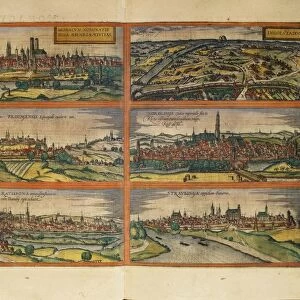 Map of Munich, Ingolstadt, Freising, Nordlingen, Regensburg and Straubing, Germany, from Civitates Orbis Terrarum by Georg Braun, 1541-1622 and Franz Hogenberg, 1540-1590, engraving