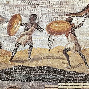 Nilotic mosaic of flooding of river Nile in Egypt, from Sanctuary of Fortuna Primigenia at Palestrina, Rome province, Italy, detail: soldiers with shields