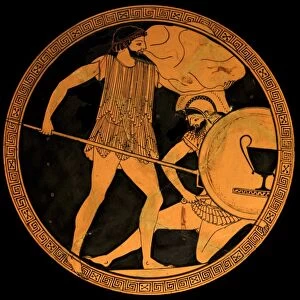 Poseidon fighting Polybotes. Tondo of an Attic red-figure kylix, ca. 475-470 BC. Found in Vulci